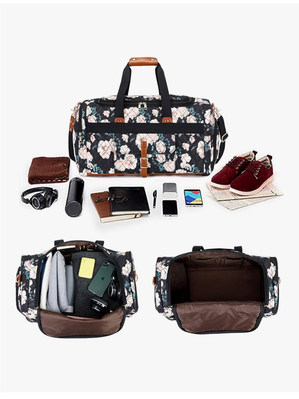 Floral Quilted Weekender Duffle Bag - Black with Blush Flowers - Picture 4 of 7